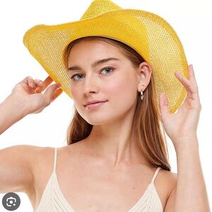 AUGUST Yellow Paper Straw Western Fedora Hat Elastic Band Cord String NWOT $75